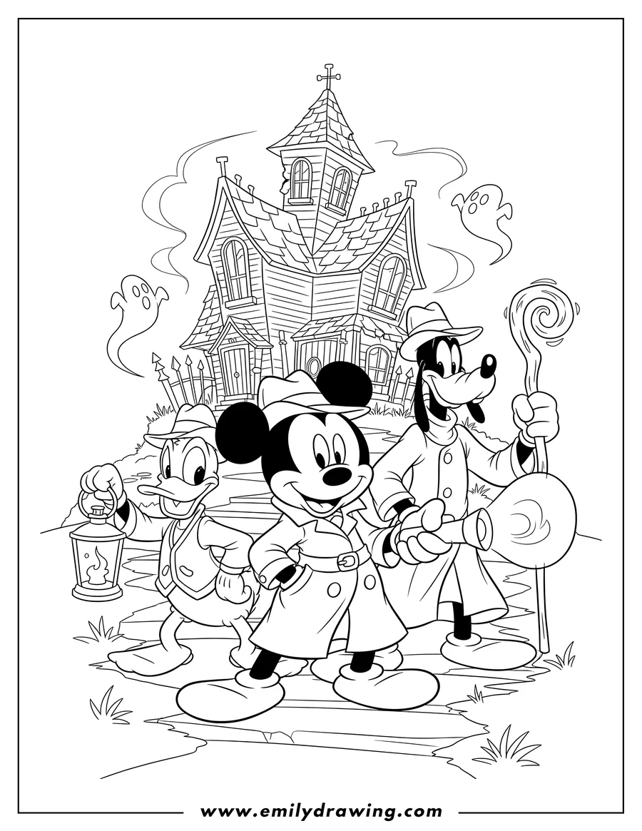 Outline drawing of ghost Hunters Mickey Mouse, Goofy, and Donald Duck wearing detective hats, with Goofy holding a stick, in front of a Haunted House
