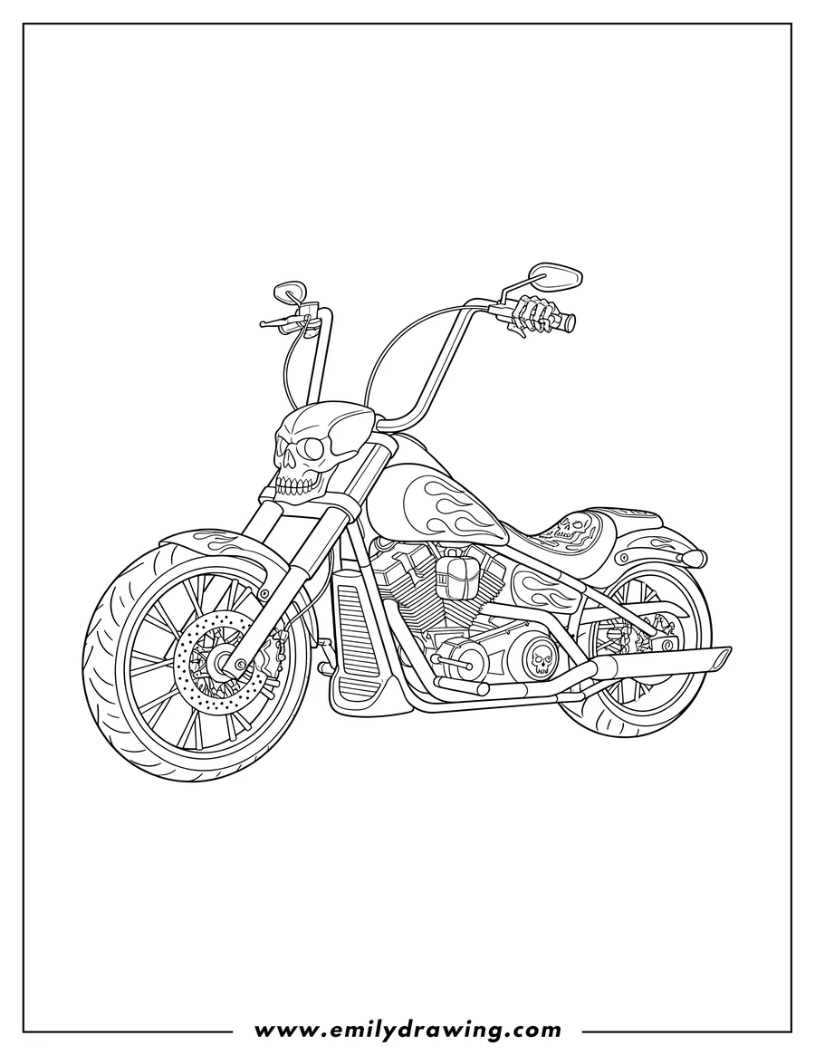 Coloring sheet featuring ghost Rider cruiser motorcycle, parked, with high handlebars