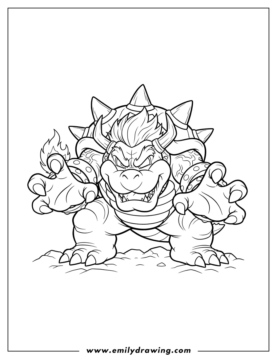 Coloring page for kids: giga Bowser charging with claws out