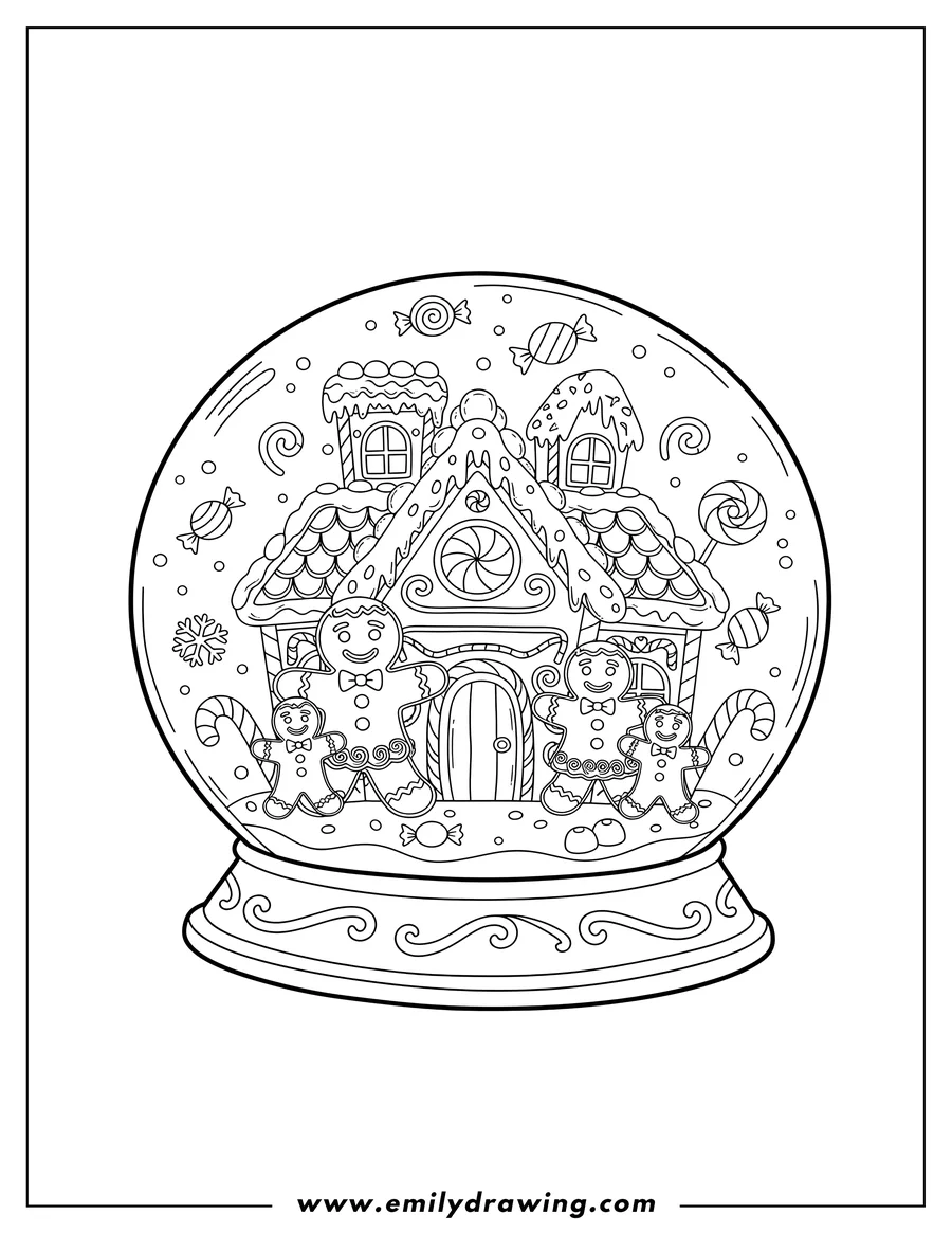 Clean line drawing: gingerbread family, gingerbread house, and candies inside a snow globe