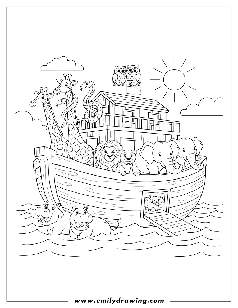 Downloadable coloring page of detailed Giraffe, Hippo, Snake, Lion, Elephant, and Owl animals in pairs on Noah's Ark, sailing at sea
