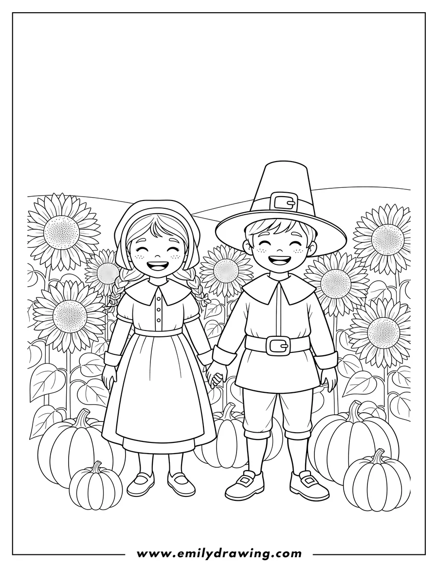 Free printable coloring sheet of girl and Boy Pilgrims holding hands and smiling in a Sunflower Field with Pumpkins