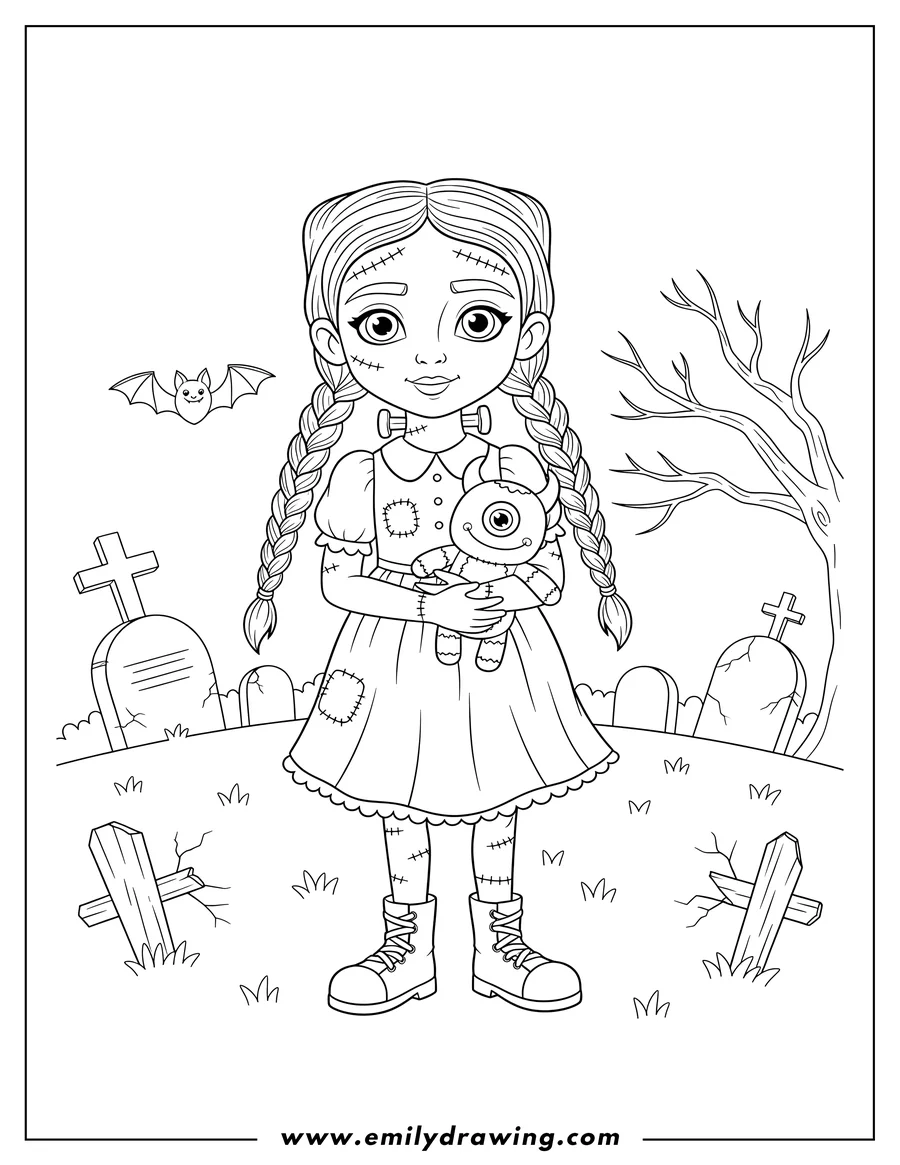 Downloadable coloring page of scary Girl Frankenstein Graveyard with stitches and braided pigtails