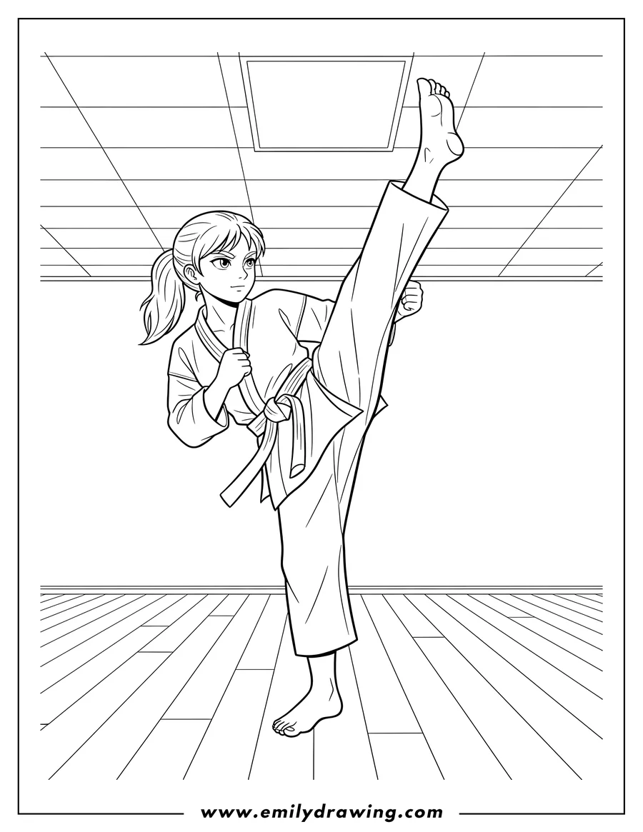 Downloadable coloring page of girl Karate Fighter in a martial arts uniform doing a high kick with her leg almost touching the ceiling