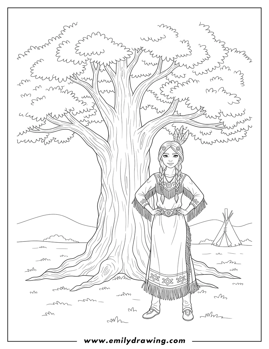 Coloring page for kids: realistic Native American Girl wearing a fringed dress, with braided hair and feathers, standing with one hand on her hip under a huge tree