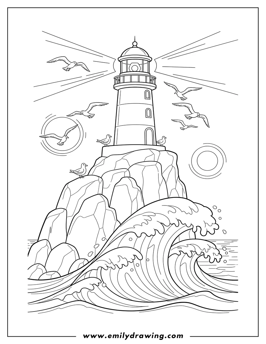 Doodle style coloring picture of glowing Lighthouse on a cliff with seagulls circling and standing, and crashing waves