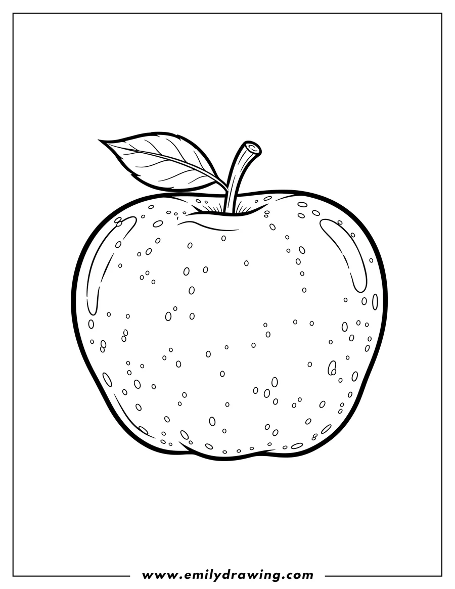 Coloring page of detailed Golden Delicious Apple Scaled, featuring a visible stem and skin speckles
