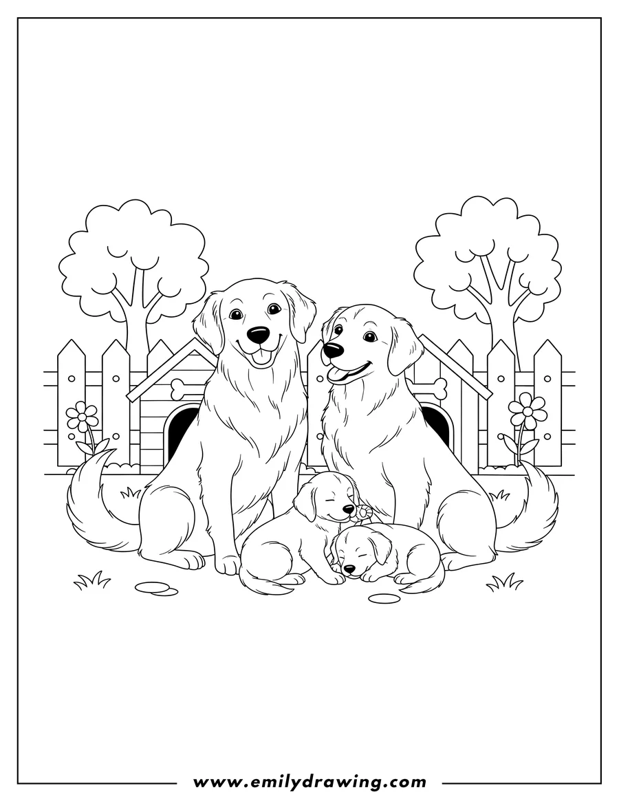 Coloring page of golden Retriever Family Backyard, two adult dogs and two puppies sitting together