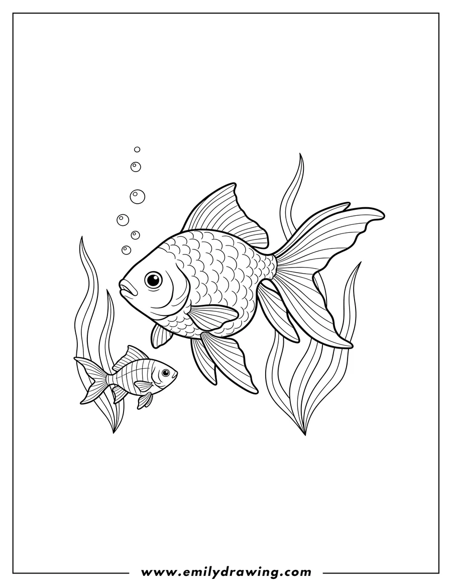 Coloring sheet featuring detailed Goldfish Underwater, swimming with a small fish