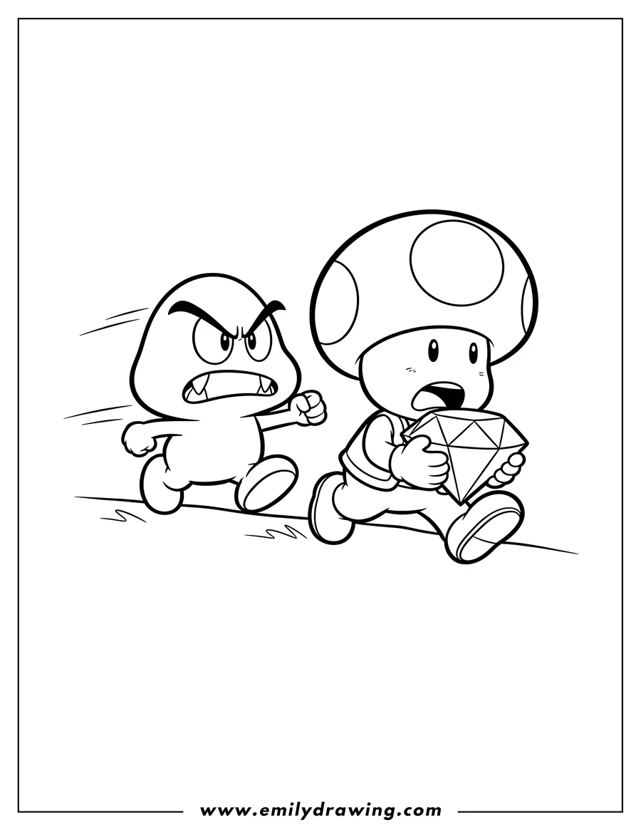 Vector style outline of angry Goomba chasing Captain Toad running with a large diamond