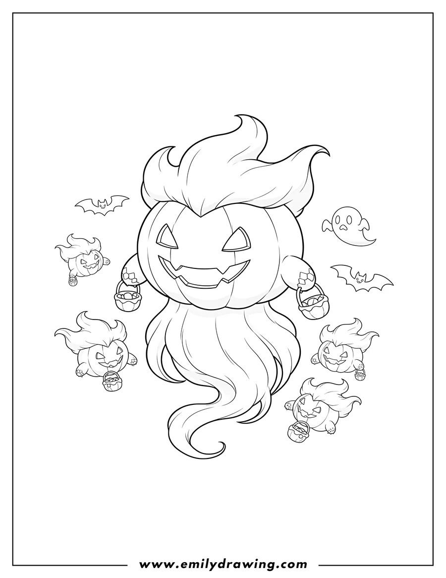 Black and white line art of gourgeist Pandemonium Pokemon Card, featuring a floating Gourgeist with a jack-o'-lantern face