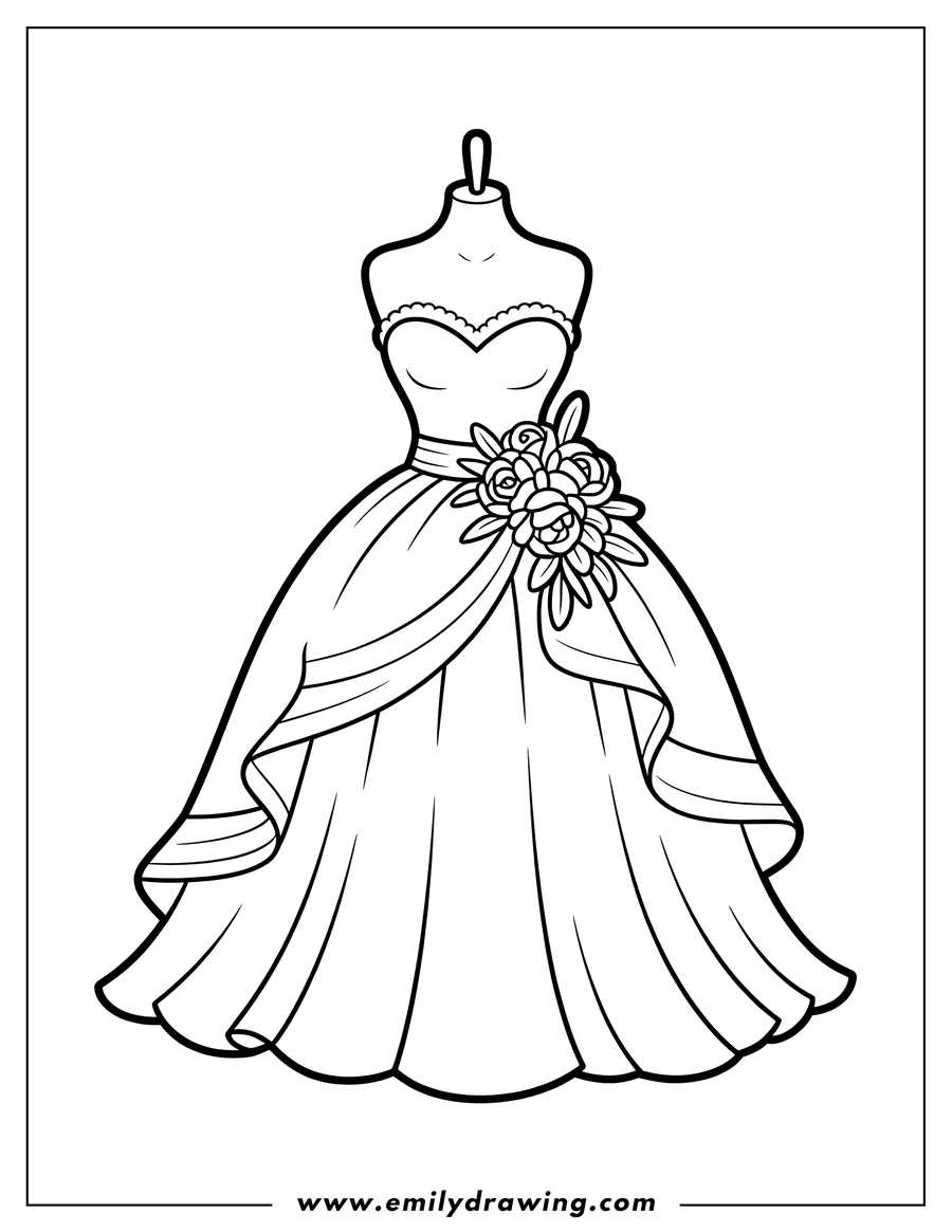 Full page coloring image of gown