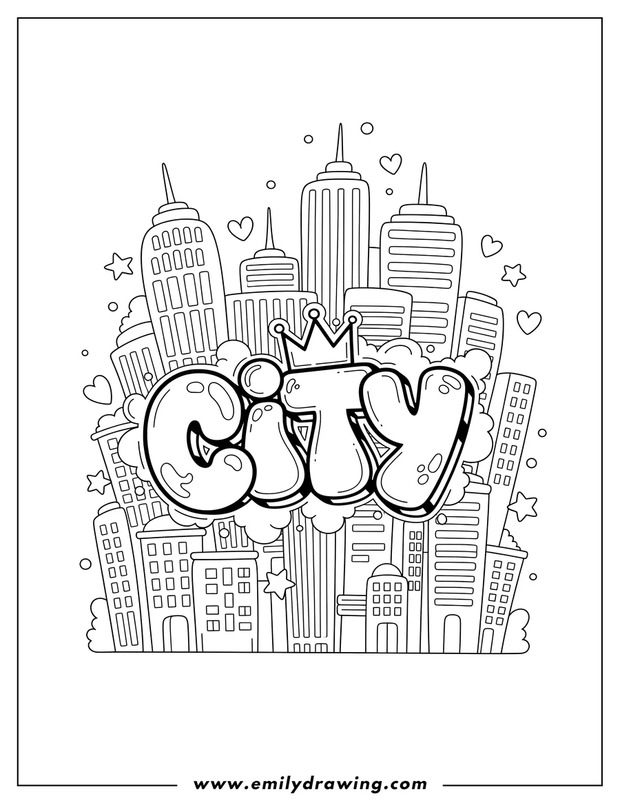 Doodle style coloring picture of detailed Graffiti City with skyscrapers and bubble graffiti
