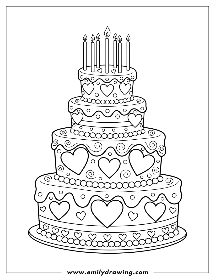 PDF style coloring page: grand three-tiered cake with hearts and candles