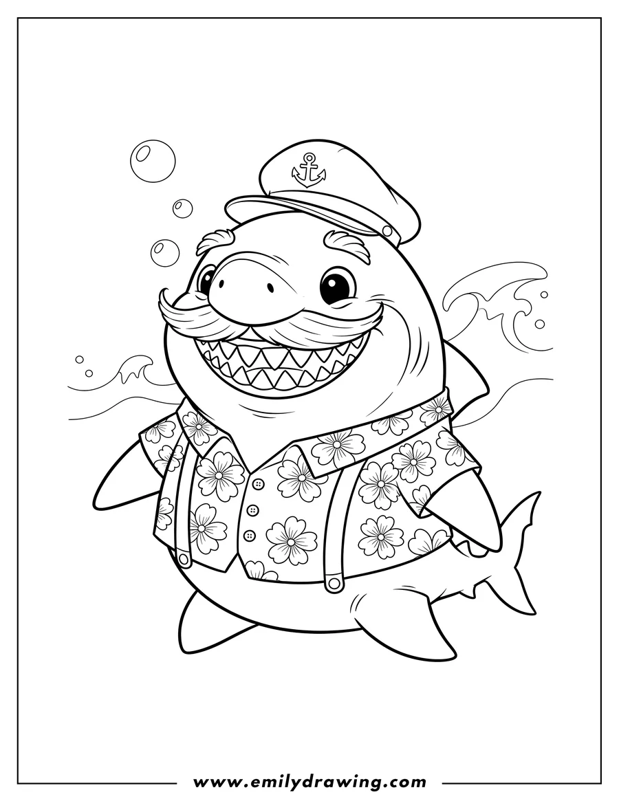 Coloring page of grandpa Shark smiling, showing teeth
