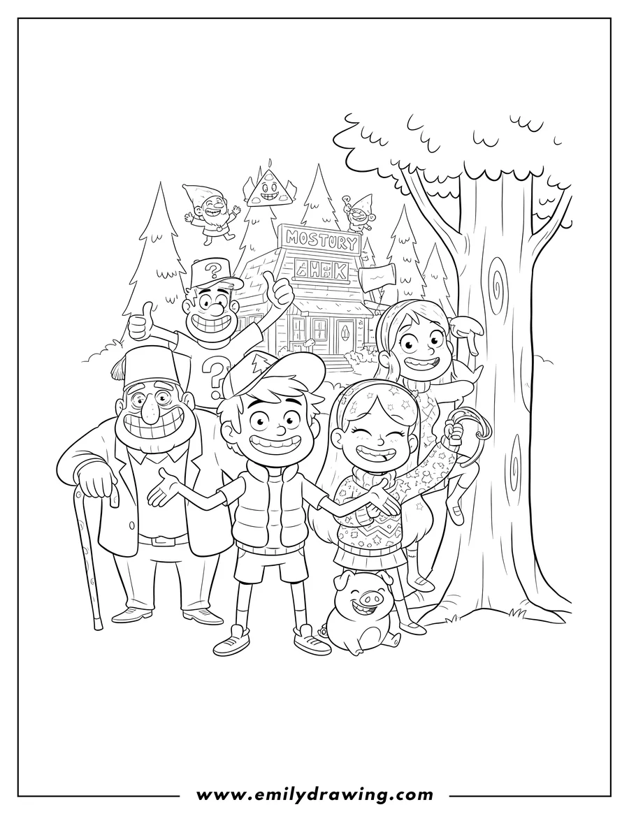 Free to print drawing of full Gravity Falls Characters smiling together