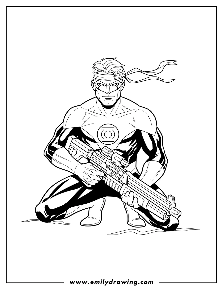High quality printable detailed Green Lantern holding a rifle in a crouching pose, wearing a bandana for coloring