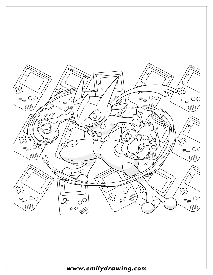 Black and white line art of detailed Greninja in a dynamic action pose with Game Boys background