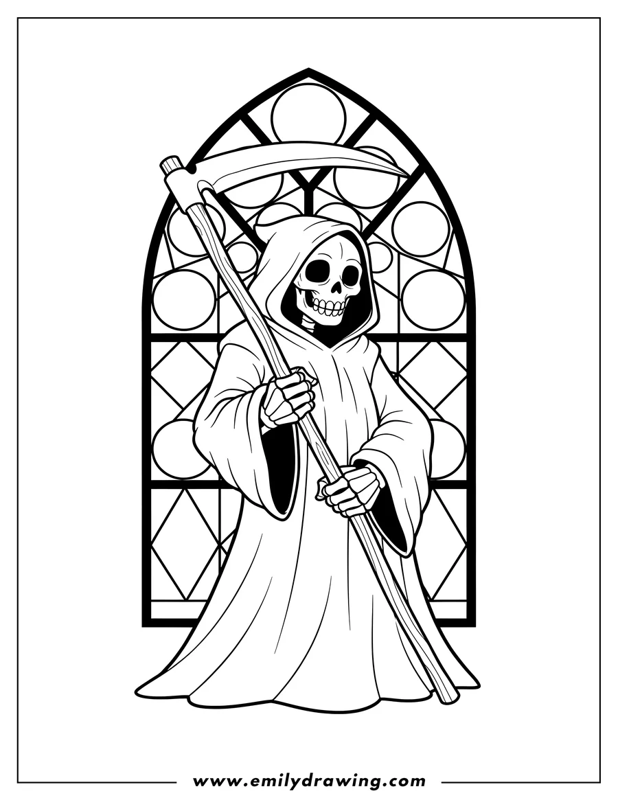 Coloring sheet featuring skeleton Grim Reaper in hooded robe holding scythe, standing in front of stained glass