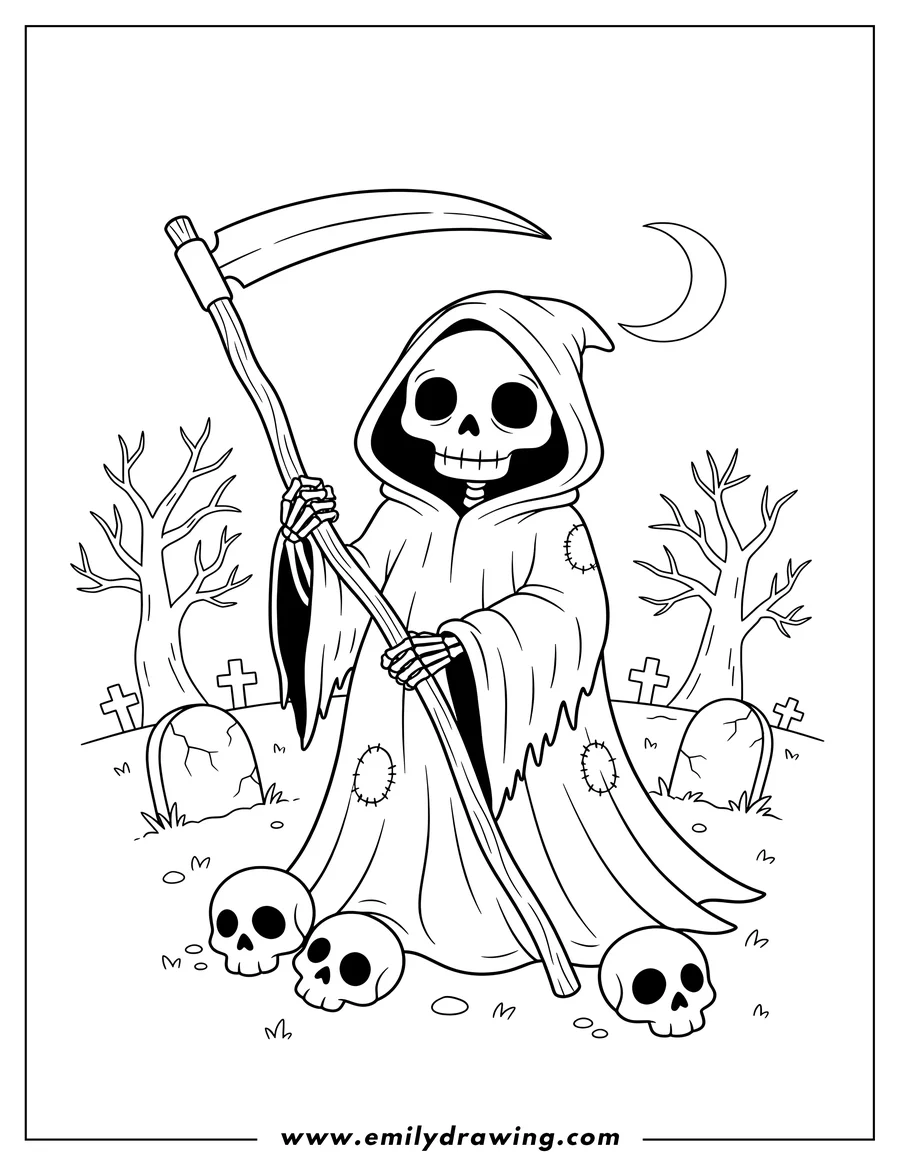 Printable coloring page of grim Reaper in a hooded robe holding a scythe, surrounded by skulls in a cemetery