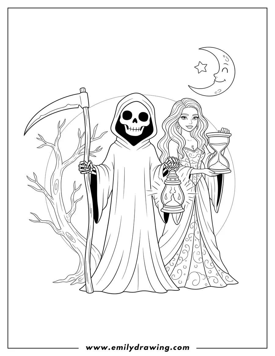 Linear illustration of detailed Grim Reaper with a scythe and lantern, and a beautiful woman holding an hourglass