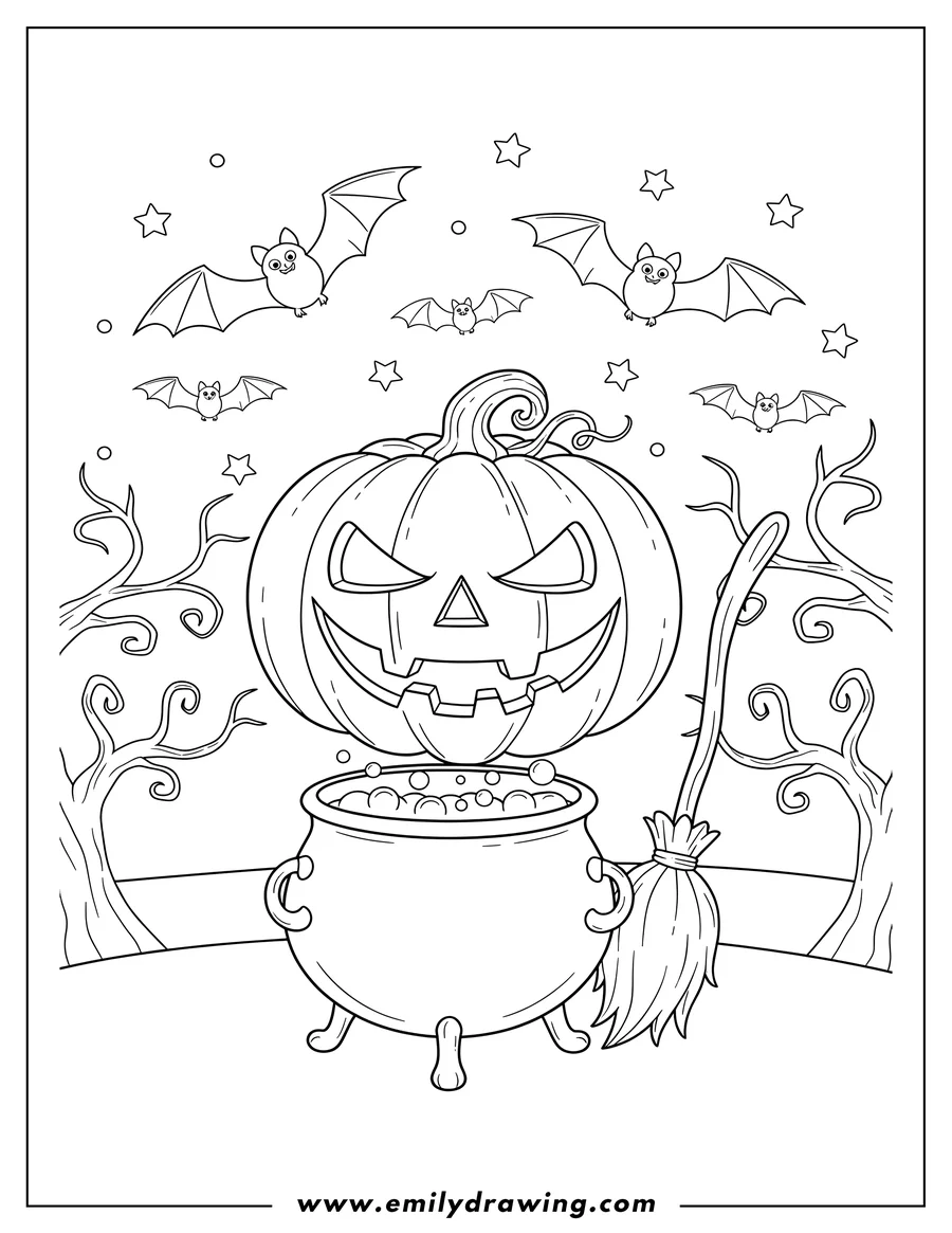 Coloring page for kids: grinning Evil Jack O Lantern with Cauldron, Broomstick, Flying Bats and Stars in a Spooky Forest
