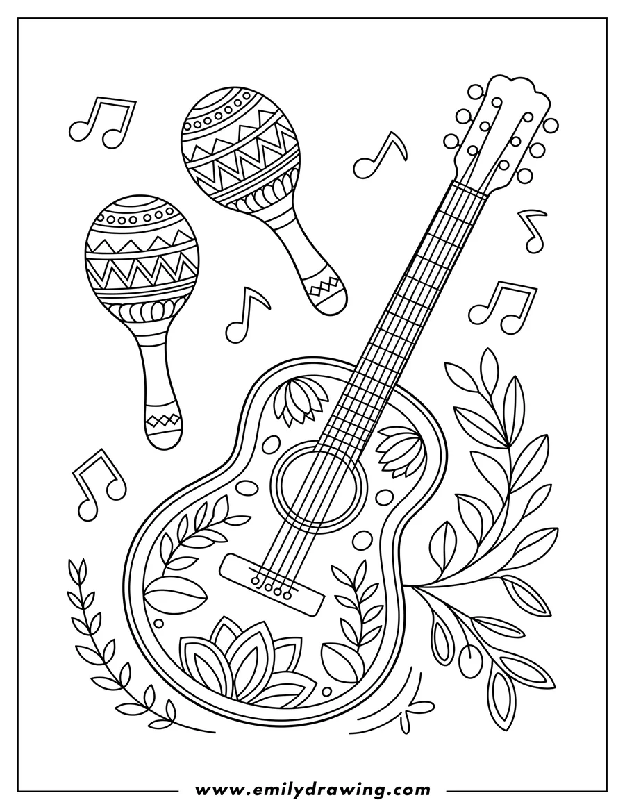 Free printable coloring sheet of guitar