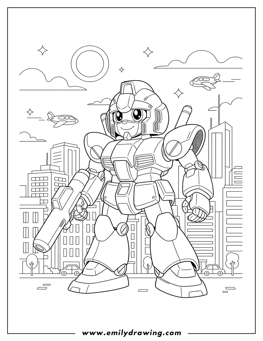 Printable coloring page of detailed Gundam robot standing in a city