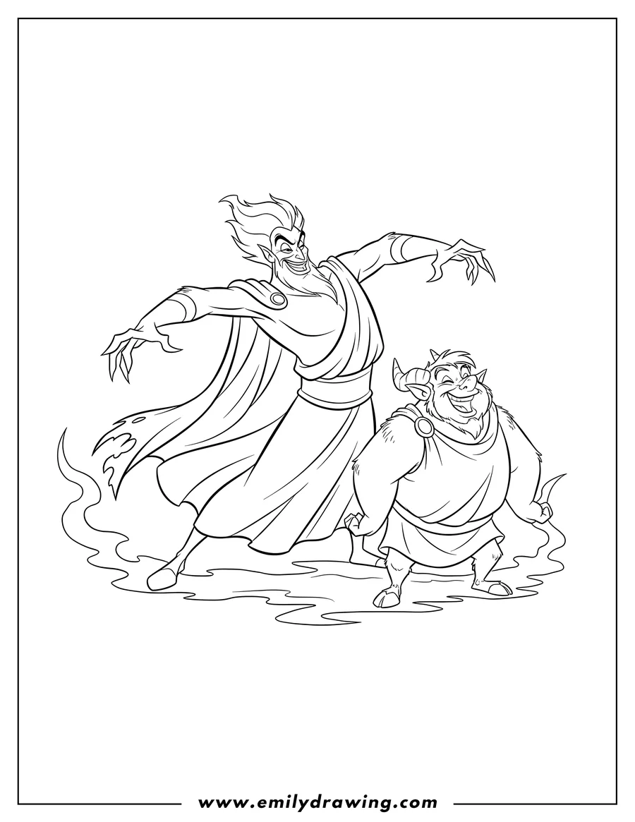 PDF style coloring page: hades with sharp hands gesturing next to a laughing, horned Phil
