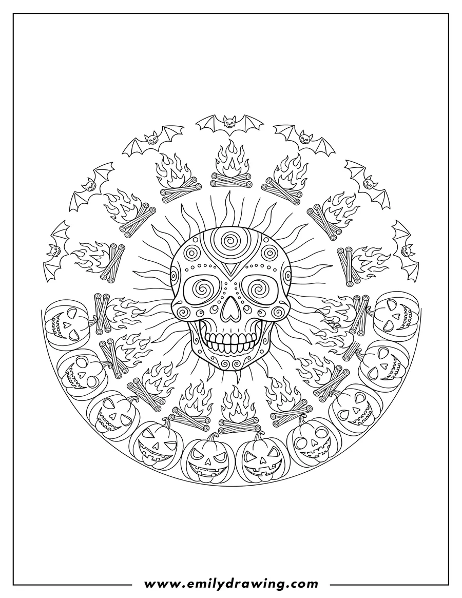 Linear illustration of detailed Halloween Mandala featuring a central sunburst skull, bats, bonfire, and skull jack-o'-lanterns
