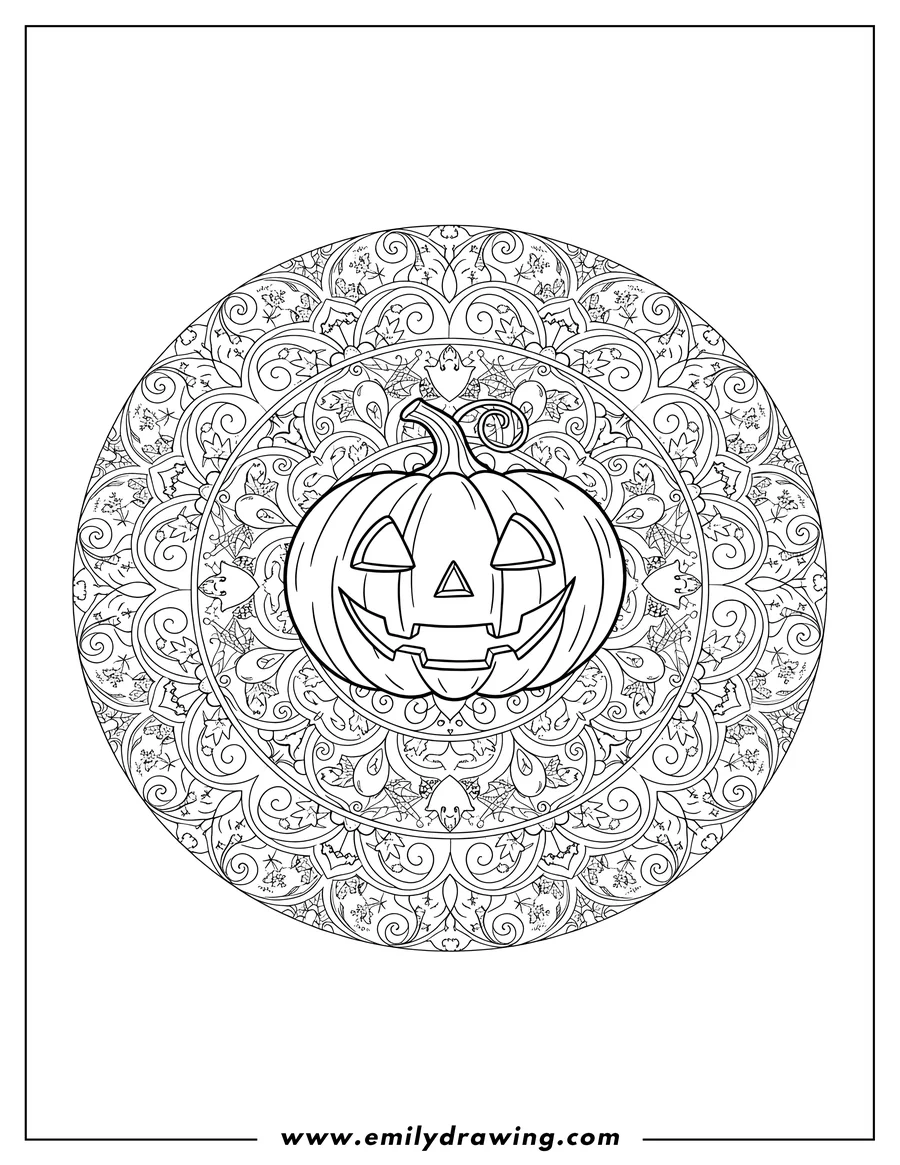Coloring page of detailed Halloween Mandala with a carved Jack O Lantern in the center, featuring triangular eyes and a jagged smile, surrounded by intricate floral patterns