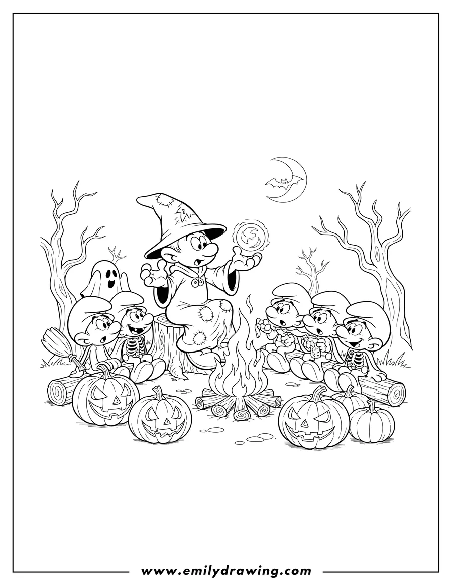 Outline drawing of detailed Halloween Smurfs gathered around a campfire, listening to a storytelling Smurf, with pumpkins
