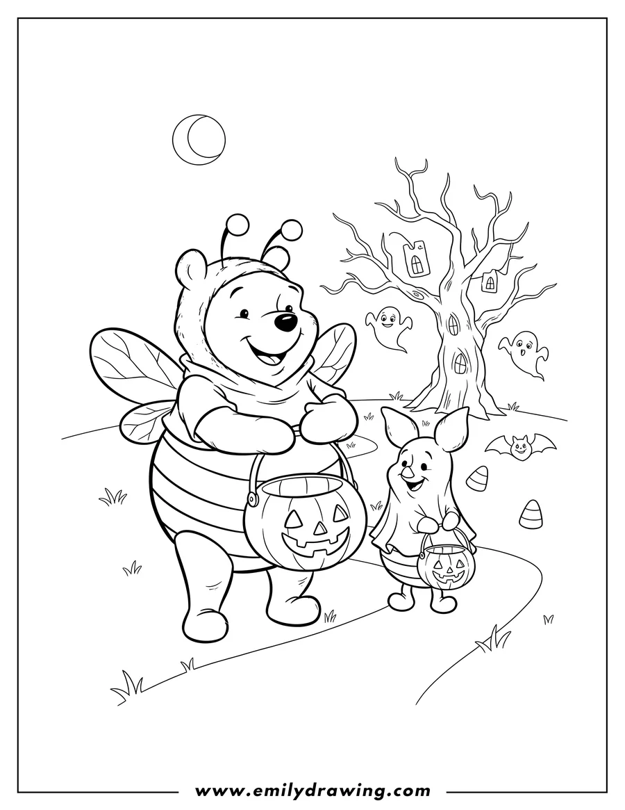 Black and white line art of halloween Themed Winnie Pooh Trick Or Treating Scaled, with Pooh dressed as a bee and Piglet, both holding pumpkin candy buckets