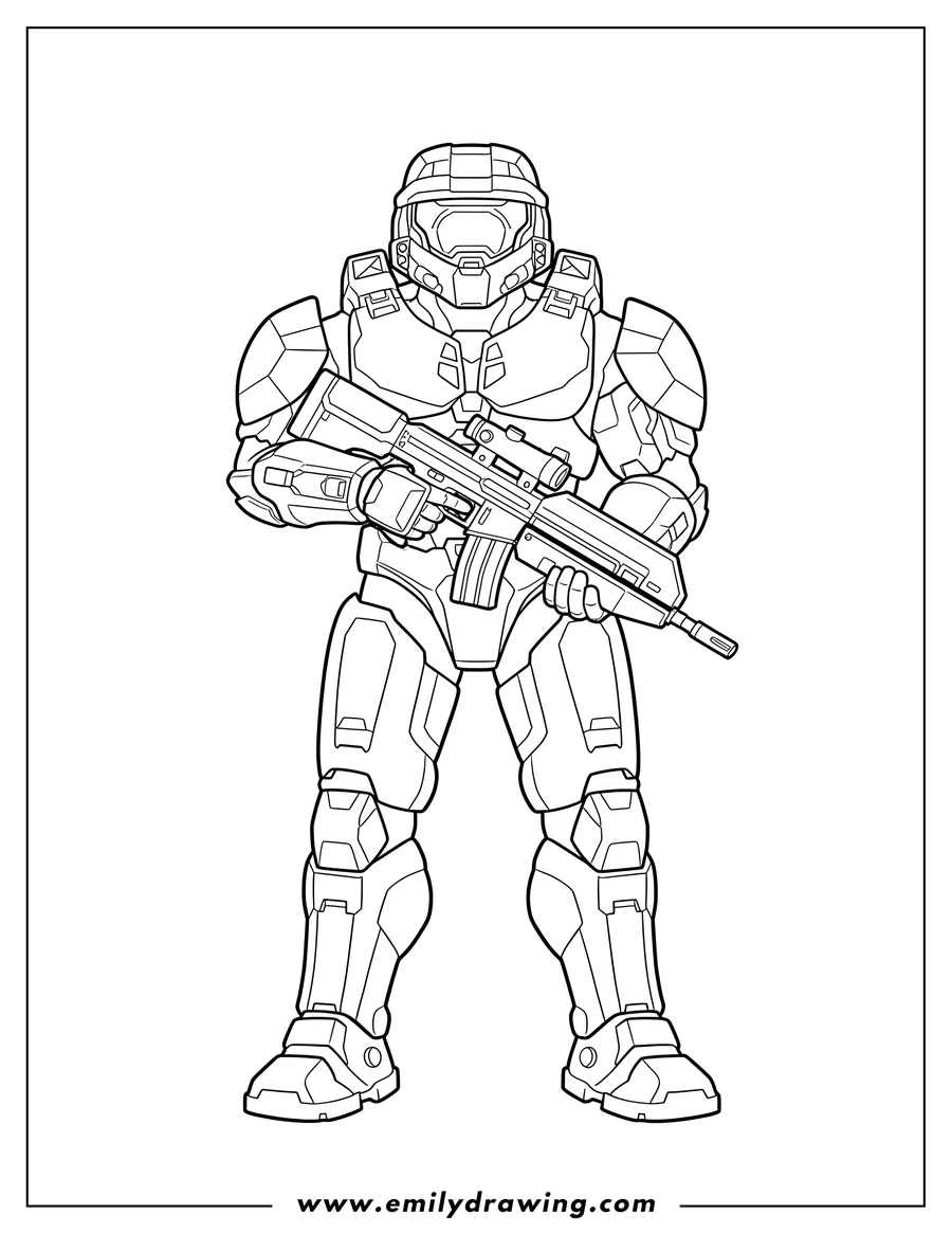 High quality printable detailed Halo Spartan standing, holding a rifle with both hands for coloring