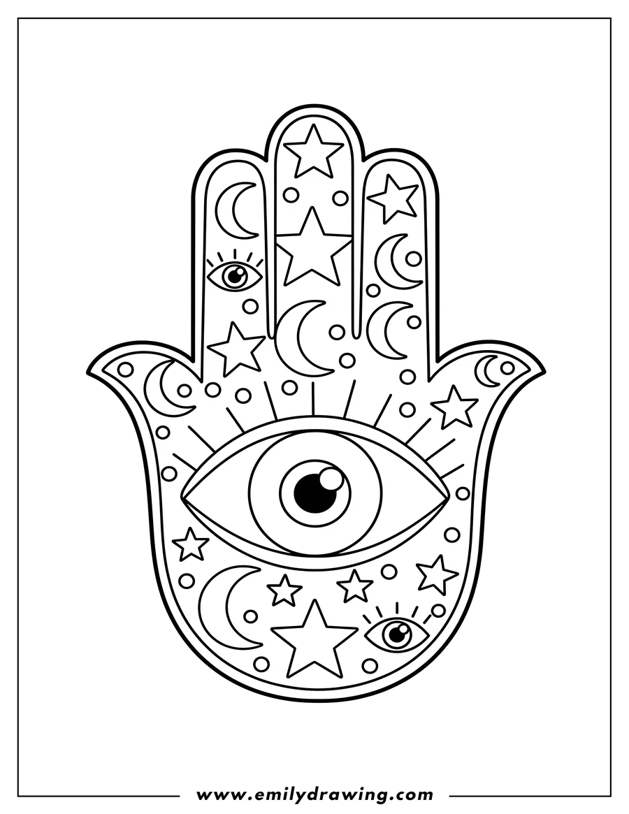 High quality printable hamsa Hand covered in stars, moons, and an eye for coloring