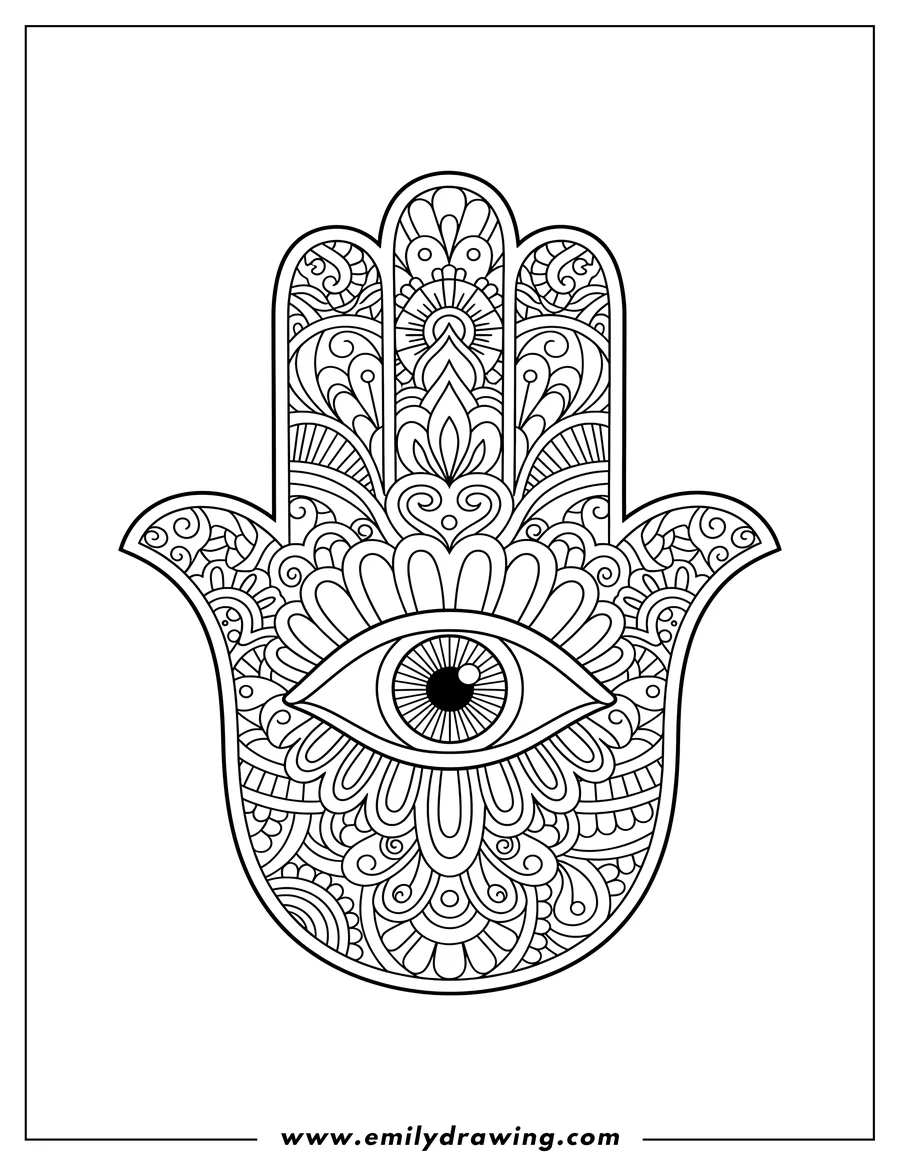 PDF style coloring page: detailed Hamsa with an eye and intricate patterns