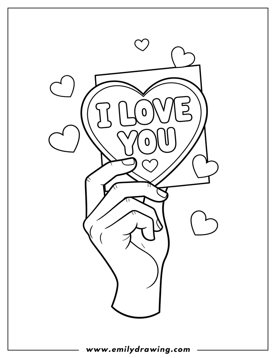 High quality printable A hand holding an 'I Love You' card for coloring