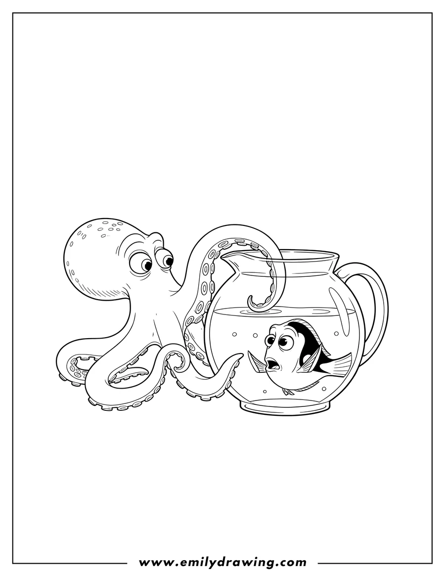 Coloring page for kids: hank the octopus reaching a tentacle into Dory's fishbowl pitcher