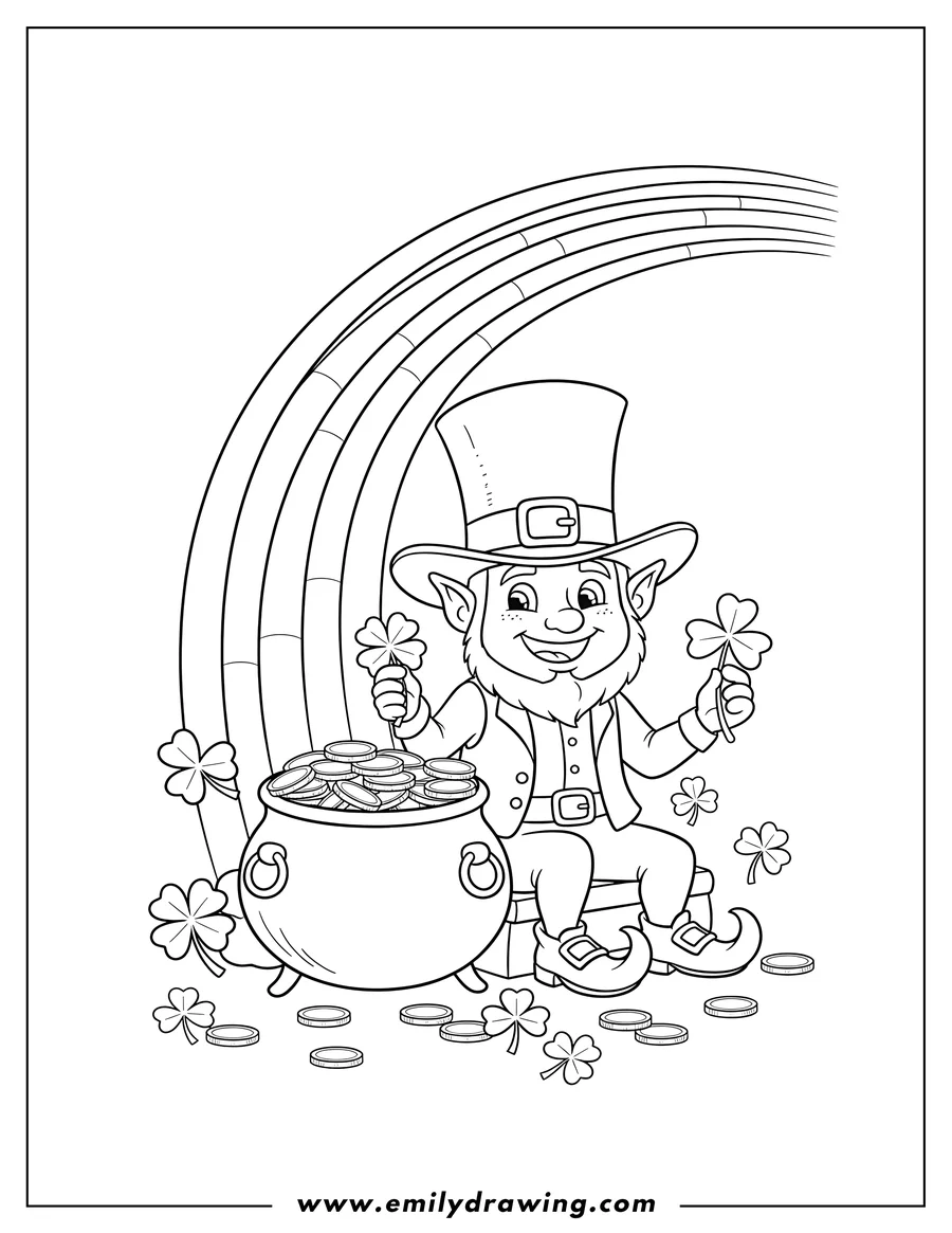 Black and white line art of happy St Patrick S Day with a pot of gold, rainbow, and shamrocks