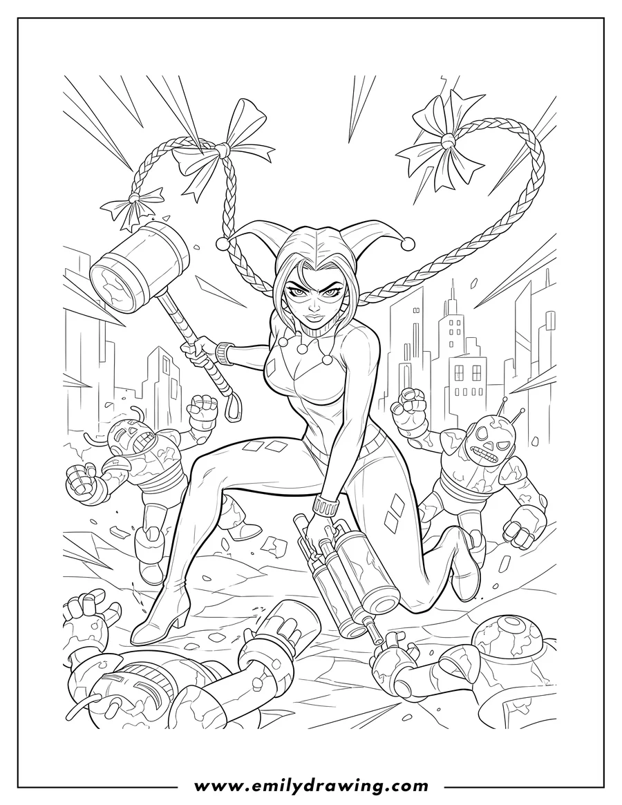 Black and white line art of harley Quinn Defeating Enemies, crouching with an intense gaze and long flowing hair tied with a bow