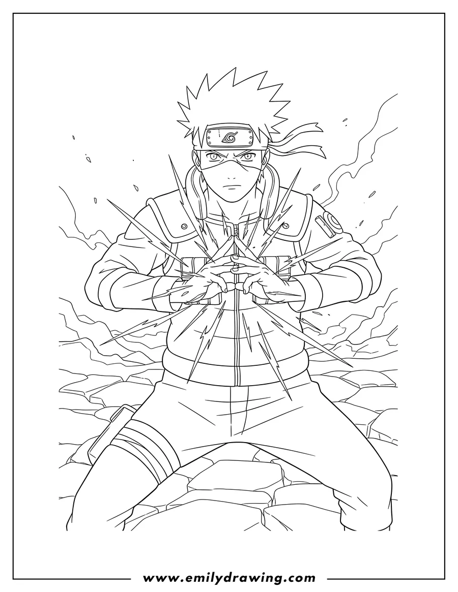 Full page coloring image of hatake Kakashi, masked, holding a glowing Chidori in cupped hands, battle