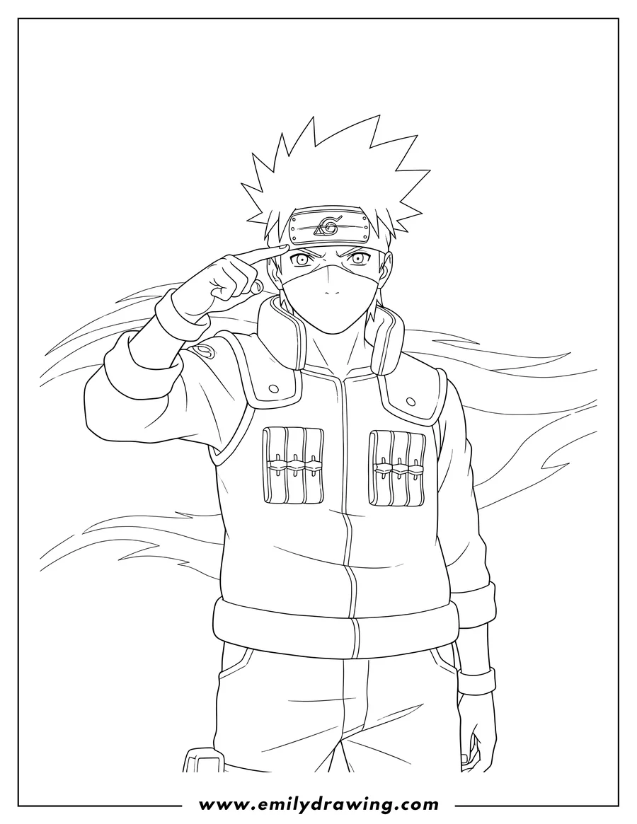 Free to print drawing of detailed Hatake Kakashi Outline in Shinobi Uniform, with spiky hair, mask, and finger pointing to his headband