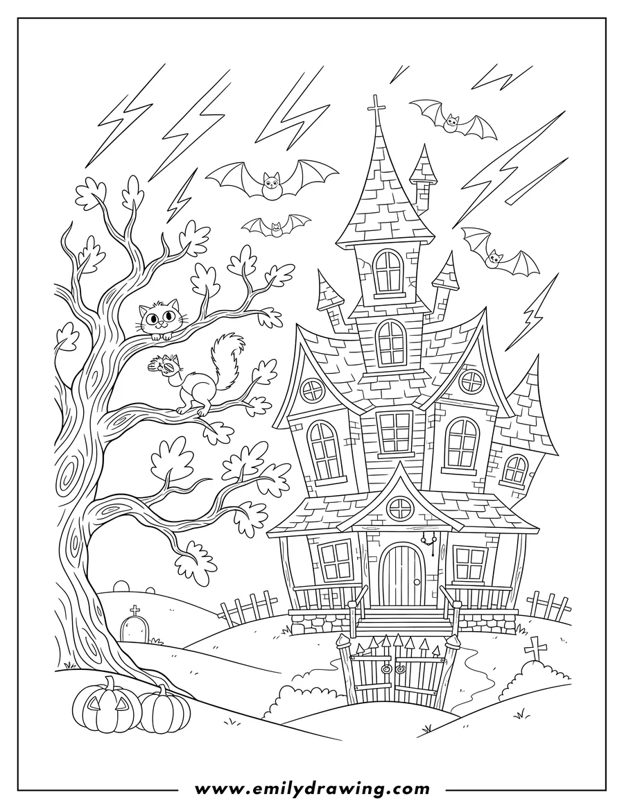 Coloring page of detailed Haunted House with Flying Bats, Lightning, and a Cat on a Tree