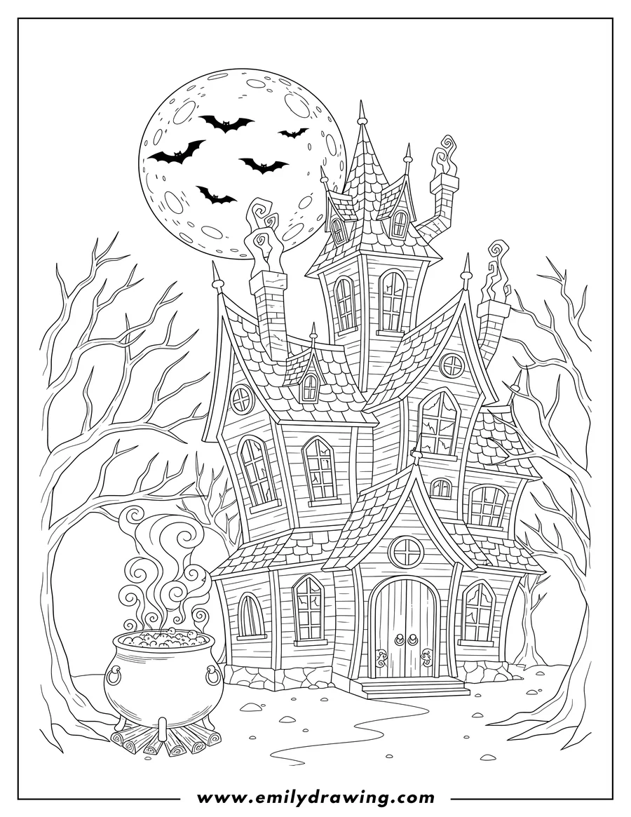 Clean line drawing: detailed Haunted House with Smoking Cauldron and Bats on a Full Moon