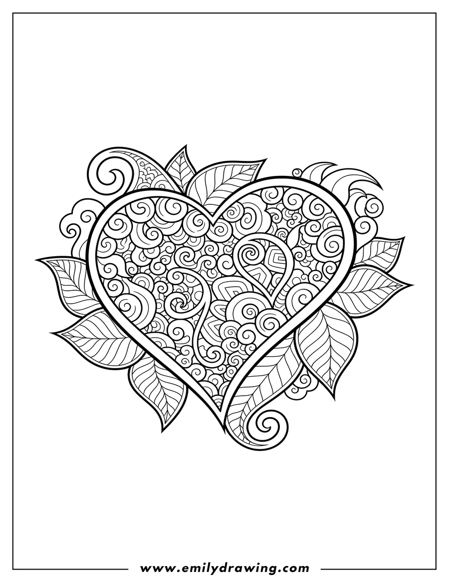 Linear illustration of heart And Leaves Zentangle with swirling patterns