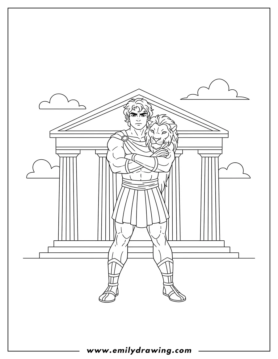 Black and white line art of detailed Hercules, arms crossed