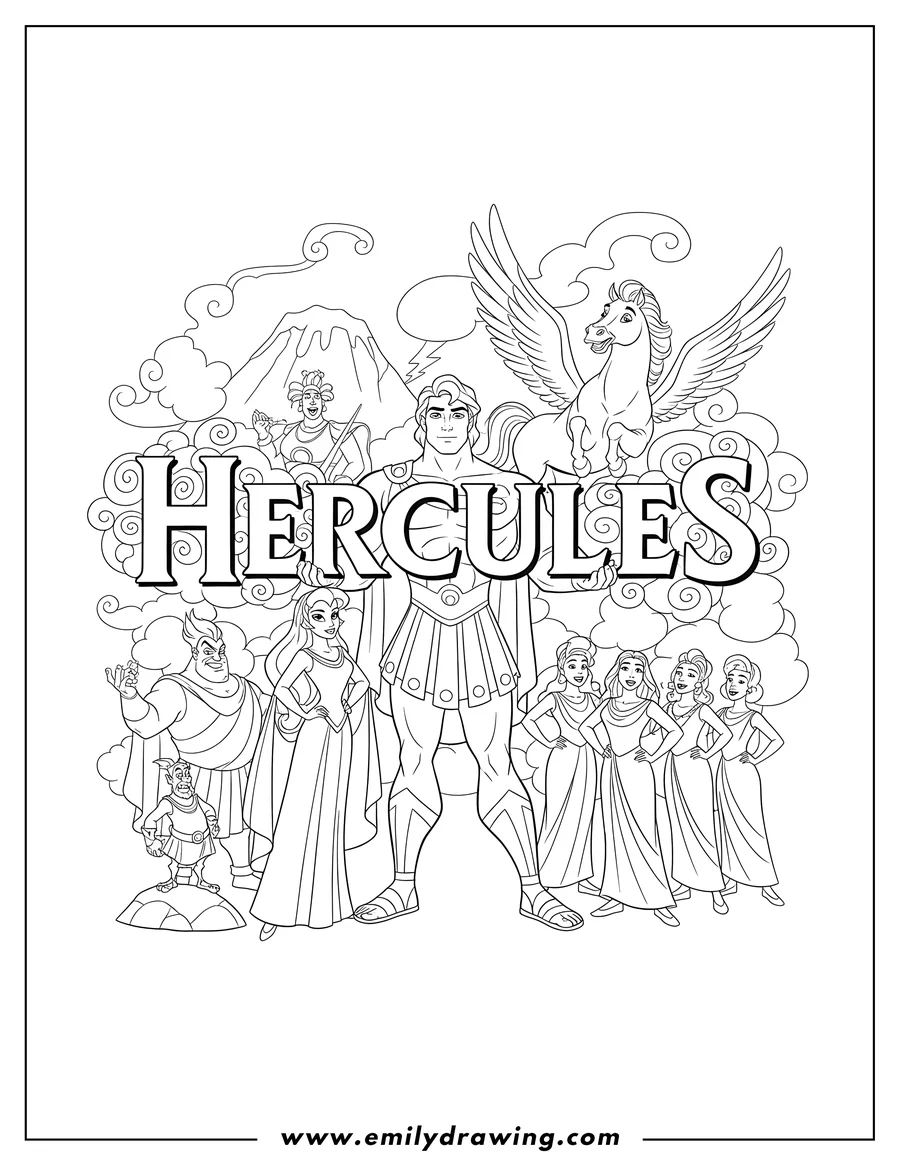 Free to print drawing of detailed Hercules Poster With All Characters, with Hercules holding the HERCULES letters, Megara, and Pegasus