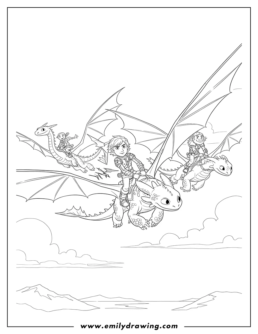 Doodle style coloring picture of how To Train Your Dragon Hiccup Astrid And Friends Sky, flying on their dragons