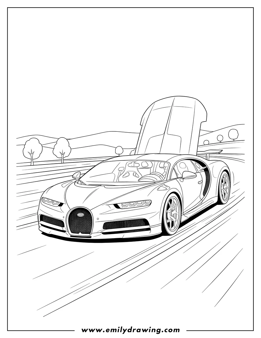 Printable line art of high Speed Bugatti Chiron On Road, front-quarter view, with extended spoiler