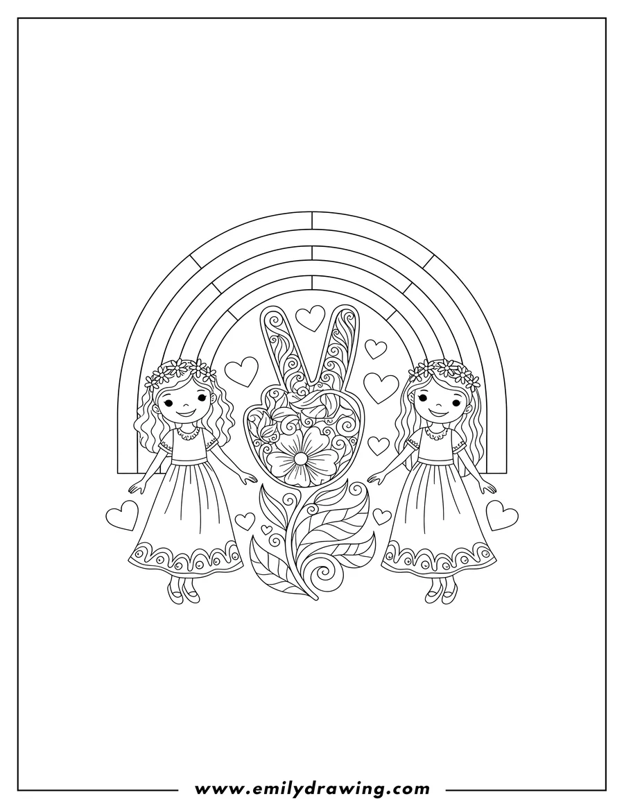Coloring page for kids: hippie Peace Sign Flower with Rainbow, Girls Holding Hands, and Love Hearts